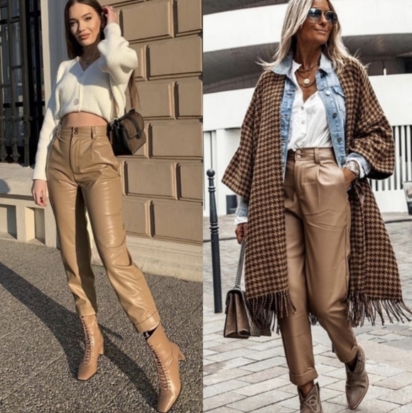 Zara Faux Leather Tan Trouser Pants Contemporary Modern Minimalist - Picture 2 of 9